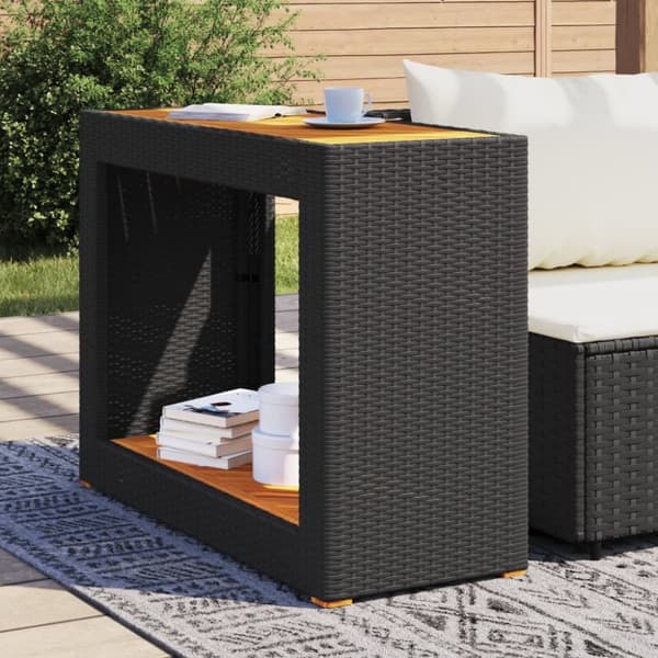 The Living Store Trädgårdsbord med träskiva svart 100x40x75 cm konstrotting - Utebord
