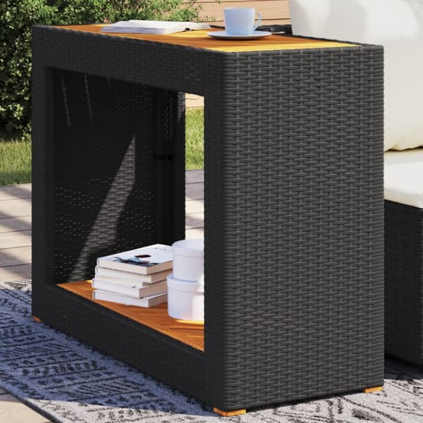 The Living Store Trädgårdsbord med träskiva svart 100x40x75 cm konstrotting - Utebord