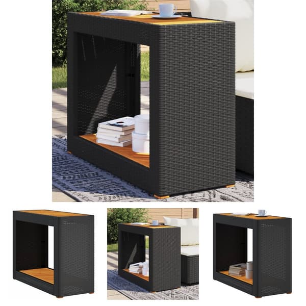 The Living Store Trädgårdsbord med träskiva svart 100x40x75 cm konstrotting -  Utebord