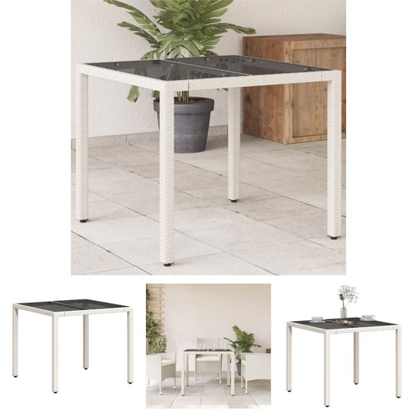 The Living Store Puutarhapöytä lasilevyllä valkoinen 90x90x75 cm polyrottinki - Ulkopöydät