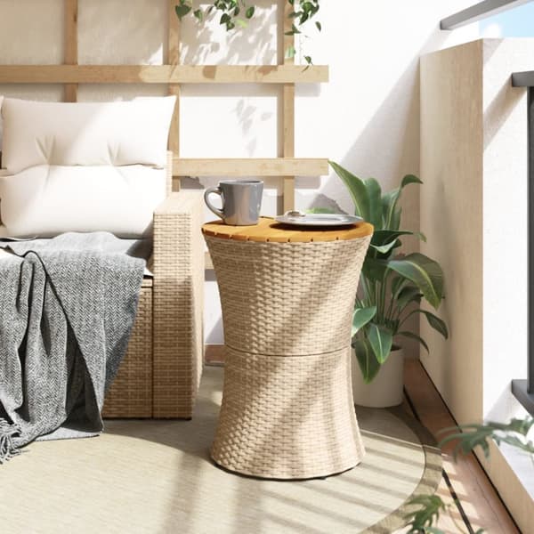 The Living Store sidebord trommeformet polyrattan og massivt træ beige -  Haveborde
