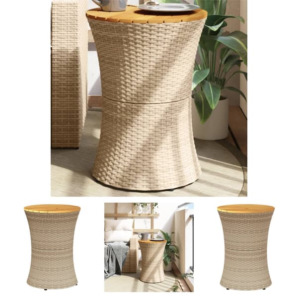 The Living Store sidebord trommeformet polyrattan og massivt træ beige -  Haveborde