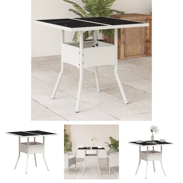 The Living Store Puutarhapöytä lasilevyllä valkoinen 80x80x75 cm polyrottinki -  Ulkopöydät