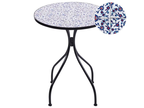 Trädgårdsbord Svart Metall Järnram ø 60 cm Blå Mosaikplattor Mönster Bordsskiva Vintage Stil Utomhus