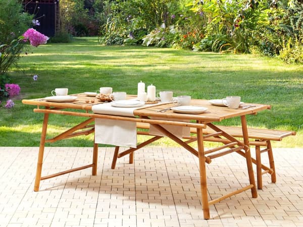 Havebord lys bambus 180 x 90 x 75 cm til fire rektangulære i boho-stil have udendørs