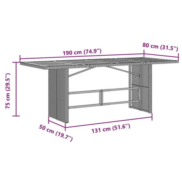 vidaXL havebord med glastop 190x80x75 cm polyrattan beige