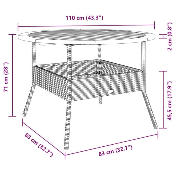 vidaXL havebord med akacietop Ø110x71 cm polyrattan sort