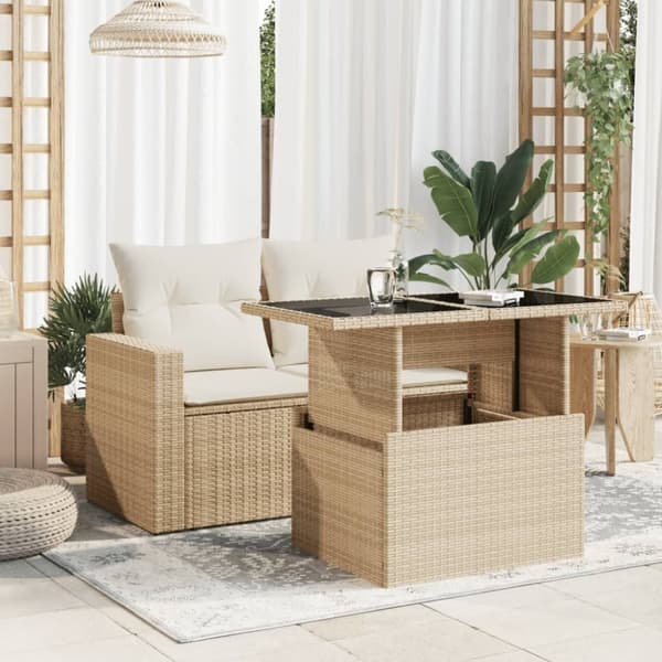 vidaXL havebord med glastop 100x55x73 cm polyrattan beige