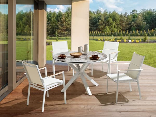 Hagebord Hvit Grå Aluminium Glass ø 120 cm 4 personer Spisebord Utendørs Moderne