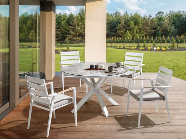 Hagebord Hvit Grå Aluminium Glass ø 120 cm 4 personer Spisebord Utendørs Moderne