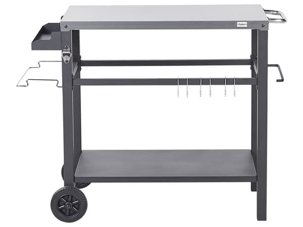 Udendørs rullebord Sort stål 2 hjul Bordplade i rustfrit stål Barkroge Hylde Moderne design Serveringsvogn Havemøbler