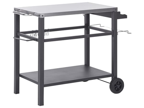 Udendørs rullebord Sort stål 2 hjul Bordplade i rustfrit stål Barkroge Hylde Moderne design Serveringsvogn Havemøbler