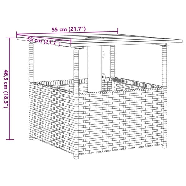 vidaXL Trädgårdsbord med parasollhål brun 55x55x46,5 cm konstrotting
