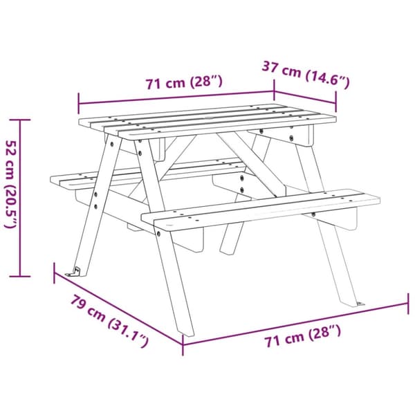 vidaXL Piknikbord for 4 barn med parasollhull heltre gran