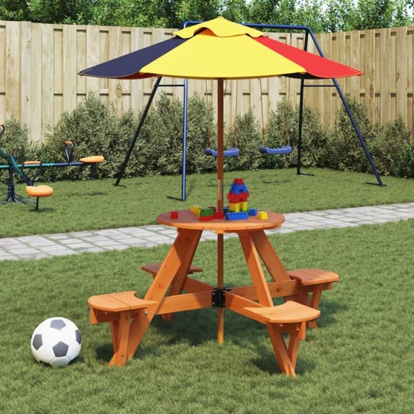 vidaXL Piknikbord for 4 barn med parasollhull rund heltre gran