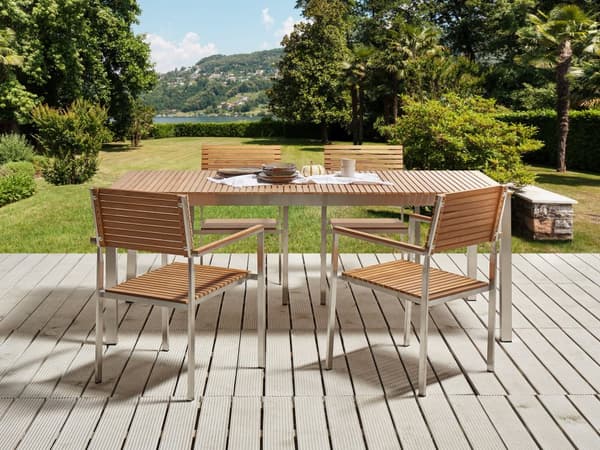 Trädgårdsbord Ljuscertifierat teakträ Rostfritt stål Silverram Rektangulärt 200 x 90 cm Klassisk traditionell utomhusdesign