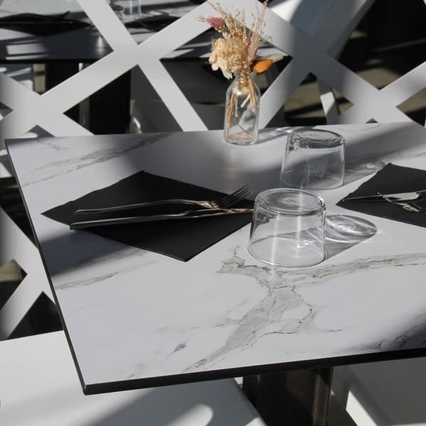 Hopfällbart terrassbord i Compact HPL vit marmordekor 70 x 70
