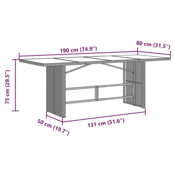 vidaXL Puutarhapöytä lasipöytälevy ruskea 190x80x75 cm polyrottinki