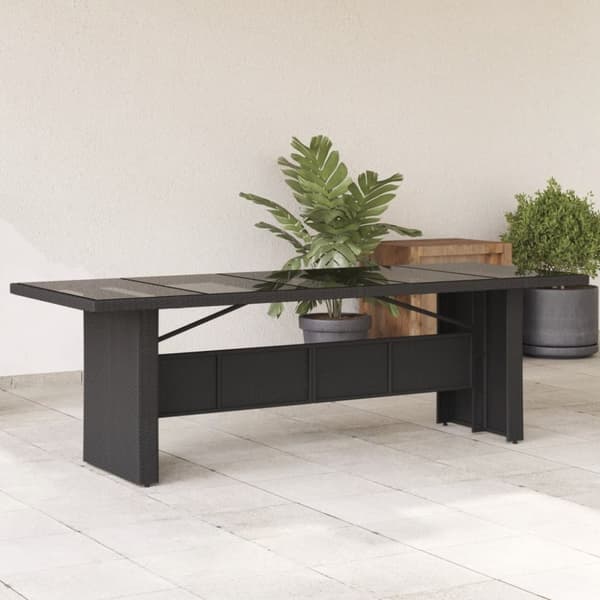 Trädgårdsbord med glasskiva svart 240x90x75 cm konstrotting