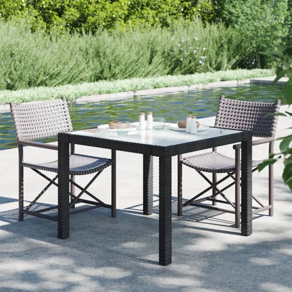 Utebord 90x90x75 cm Härdat glas och konstrotting svart