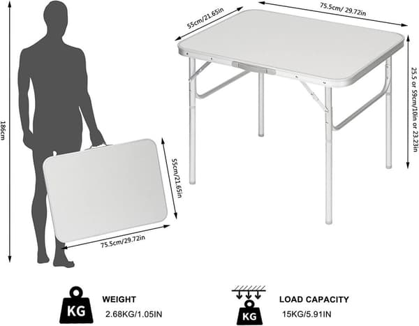 Rootz Campingbord - Utomhusfällbart bord - Picknickbord - Lätt och hopfällbart - Justerbart i höjdled - Robust och stabilt - 55cm x 25,5/58,5cm x 75cm
