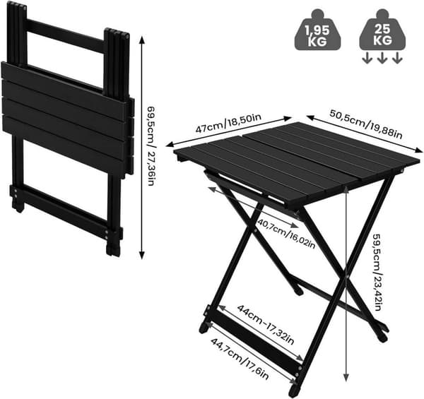 Rootz Campingbord - Fällbart picknickbord - Bärbart utomhusbord - Lätt aluminiumlegering - 50,5 cm x 47 cm x 59,5 cm