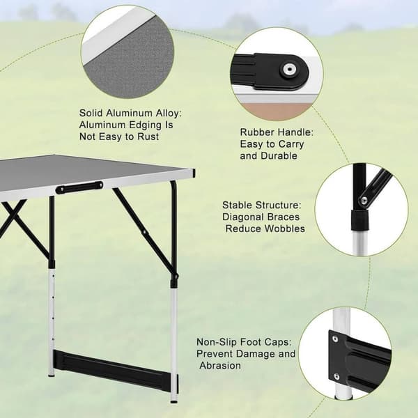 Rootz aluminium folde campingbord - bærbart udendørs bord - justerbar højde - let - let at rengøre - 60 cm x 100 cm