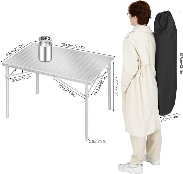 Rootz Campingbord - Foldebord - Sammenklappeligt udendørsbord - Aluminiumsstel - 69cm x 70cm x 104cm