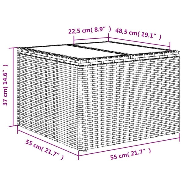 vidaXL havebord med glastop 55x55x37 cm polyrattan brun