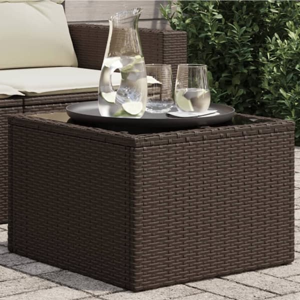 vidaXL havebord med glastop 55x55x37 cm polyrattan brun