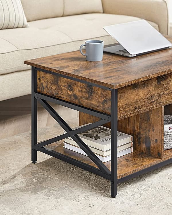 Soffbord - vardagsrumsbord - med doldt förvaringsutrymme - vintage brun -svart