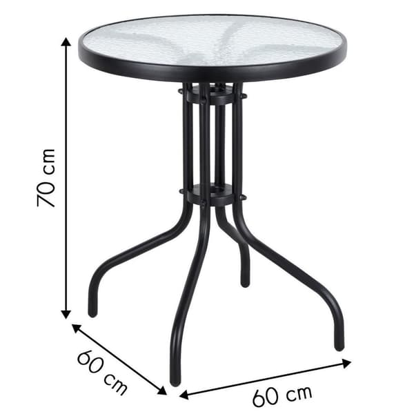 ModernHome 60 cm sort pulverbelagt stål udendørs bord med hærget glasplade