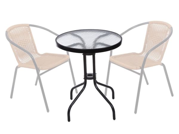 ModernHome 60 cm sort pulverbelagt stål udendørs bord med hærget glasplade