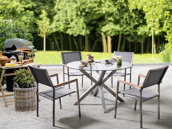 Have-spisebord sølv stål gennemsigtig glasplade rund ø 120 cm udendørs moderne