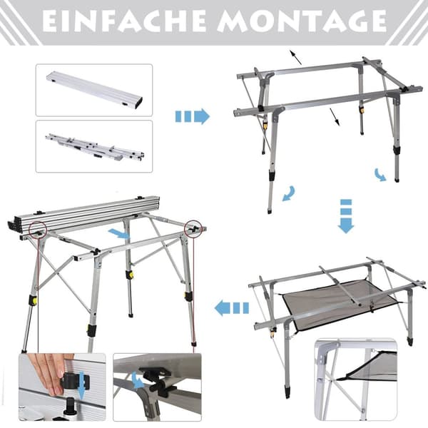 Rootz Picnic foldningsbord - Højdejusterbart campingbord - Bærbart bord - Aluminium - 120 x 70 x 58-73 cm - Inkluderer bærepose
