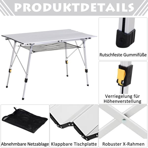 Rootz Picnic foldningsbord - Højdejusterbart campingbord - Bærbart bord - Aluminium - 120 x 70 x 58-73 cm - Inkluderer bærepose