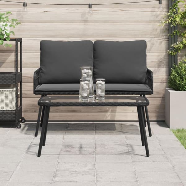 vidaXL Kaffe Bord Svart PE Rattan, Glas, Stål 90 x 45 x 43 cm Robust