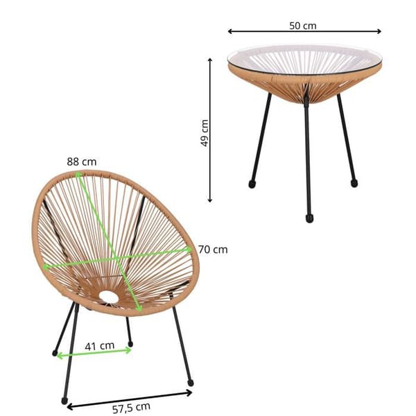 Ensemble bord och stolar - Springos® - Acapulco - 2 stolar - Glasbord - Väderbeständig