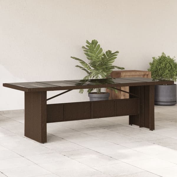 Trädgårdsbord med glasskiva brun 240x90x75 cm konstrotting