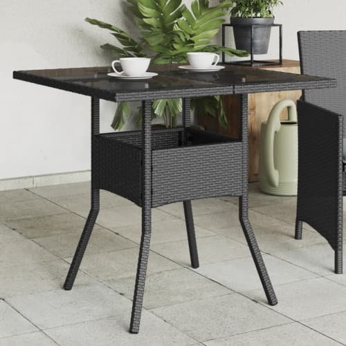 Trädgårdsbord med glasskiva svart 80x80x75 cm konstrotting