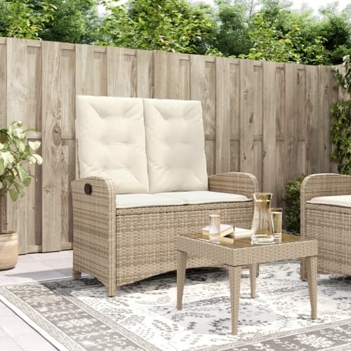Justerbar trädgårdsbänk med dynor beige konstrotting