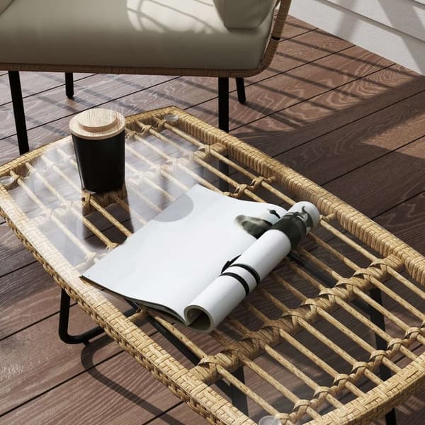 Rootz Poly Rattan Garden Table - UV -resistent sidobord - utomhus soffbord - Elegant glasskiva - 90 x 50 x 45 cm