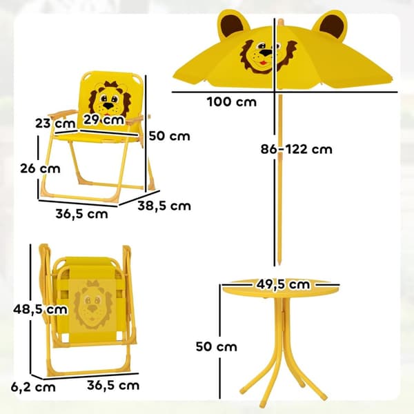 Rootz Children's Garden Furniture Set - Kids Stole & Table - Lion Design - Justerbar parasol - Nem opbevaring - Stol 36.5x38.5x50 cm, tabel Ø49.5x50h