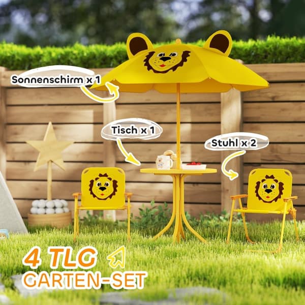 Rootz Children's Garden Furniture Set - Kids Stole & Table - Lion Design - Justerbar parasol - Nem opbevaring - Stol 36.5x38.5x50 cm, tabel Ø49.5x50h