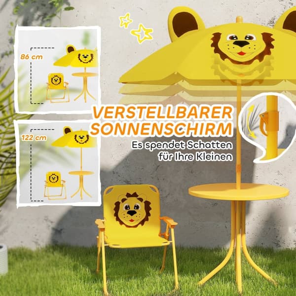 Rootz Children's Garden Furniture Set - Kids Stole & Table - Lion Design - Justerbar parasol - Nem opbevaring - Stol 36.5x38.5x50 cm, tabel Ø49.5x50h