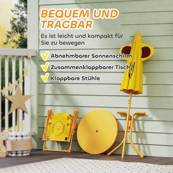 Rootz Children's Garden Furniture Set - Kids Stole & Table - Lion Design - Justerbar parasol - Nem opbevaring - Stol 36.5x38.5x50 cm, tabel Ø49.5x50h