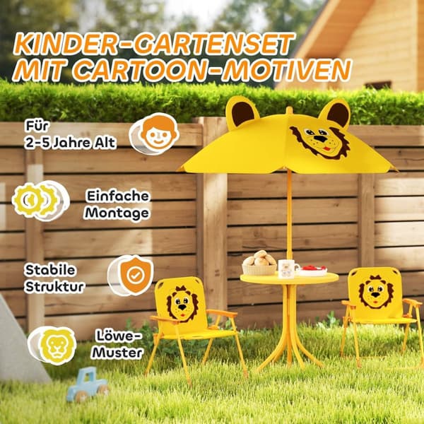 Rootz Children's Garden Furniture Set - Kids Stole & Table - Lion Design - Justerbar parasol - Nem opbevaring - Stol 36.5x38.5x50 cm, tabel Ø49.5x50h