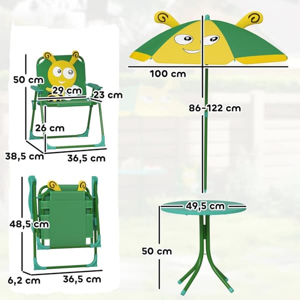 Rootz Children's Garden Furniture Set - Barnstolar - Bordset - Portable & Foldble - 49,5 cm Ø Tabell, 36,5 cm x 38,5 cm Stol - Bee Design