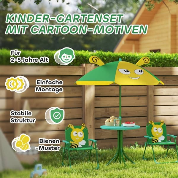Rootz Children's Garden Furniture Set - Barnstolar - Bordset - Portable & Foldble - 49,5 cm Ø Tabell, 36,5 cm x 38,5 cm Stol - Bee Design