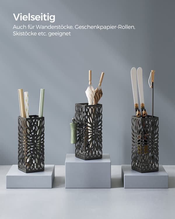 Paraplyholder til Entré, Firkantet Paraplystativ i Stål, Fritstående, 4 Kroge, Sort